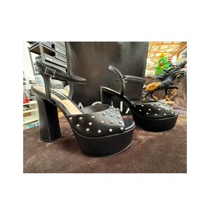 Aqua Black Leather Studded Women's Platform Heels 7.5